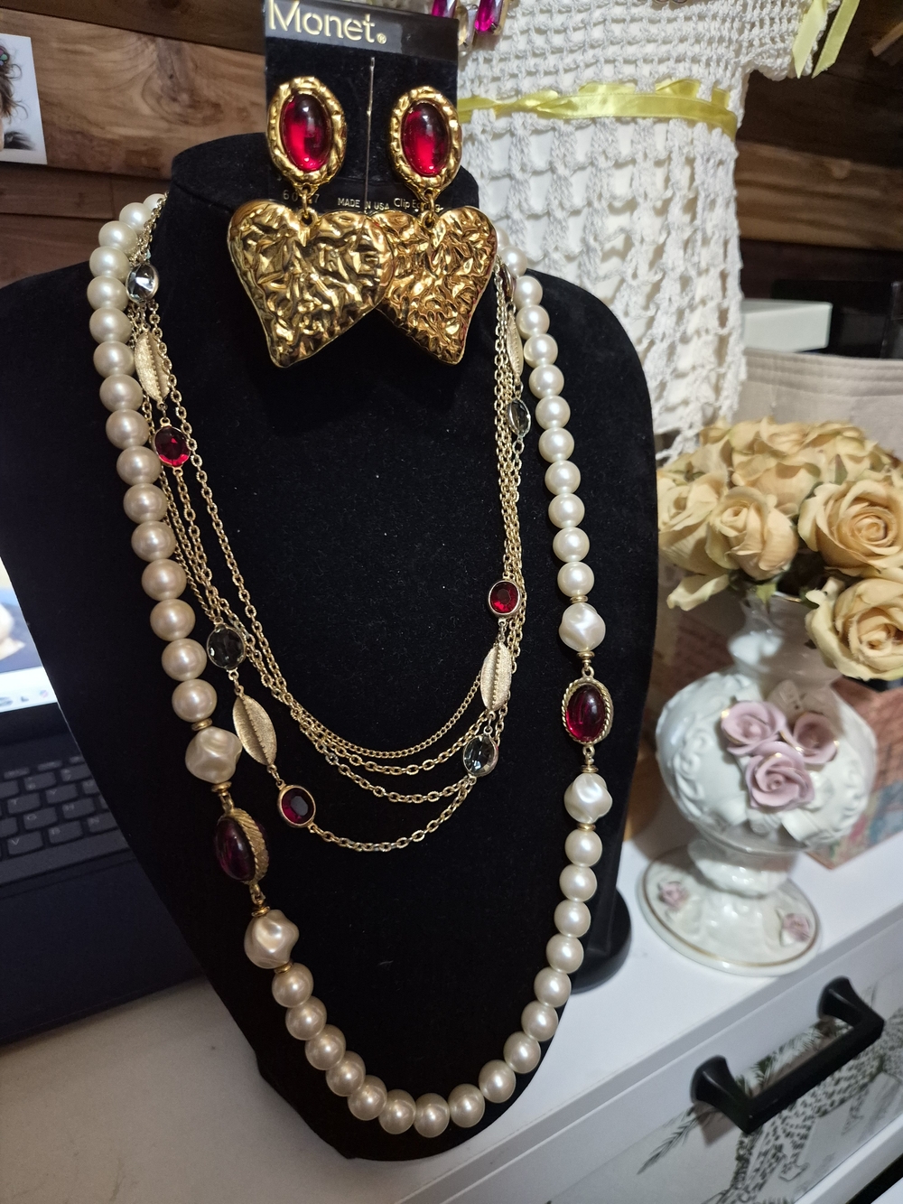 Vintage Avon Gold Heart Pearl Necklace with Red Gemstones